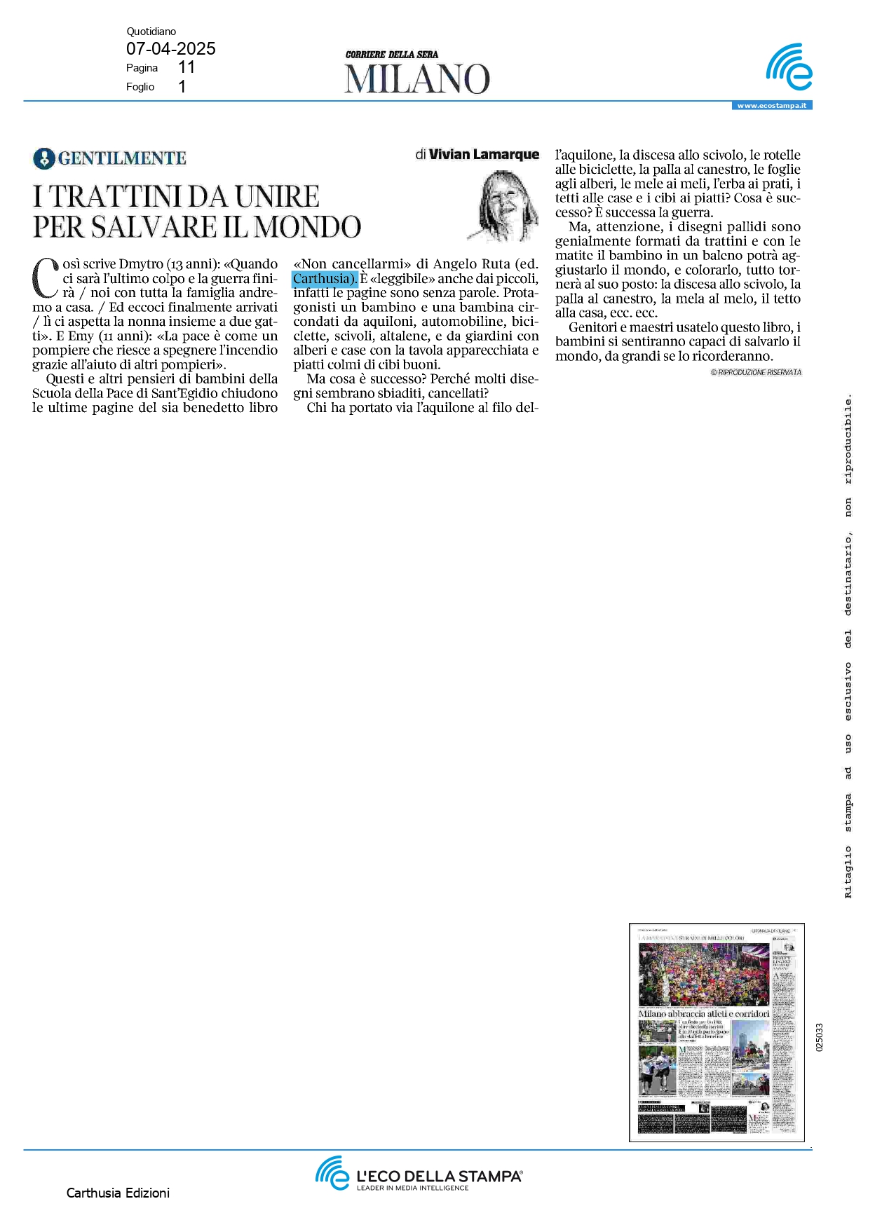 Vivian Lamarque, sul Corriere della sera, a proposito di “Non cancellarmi”